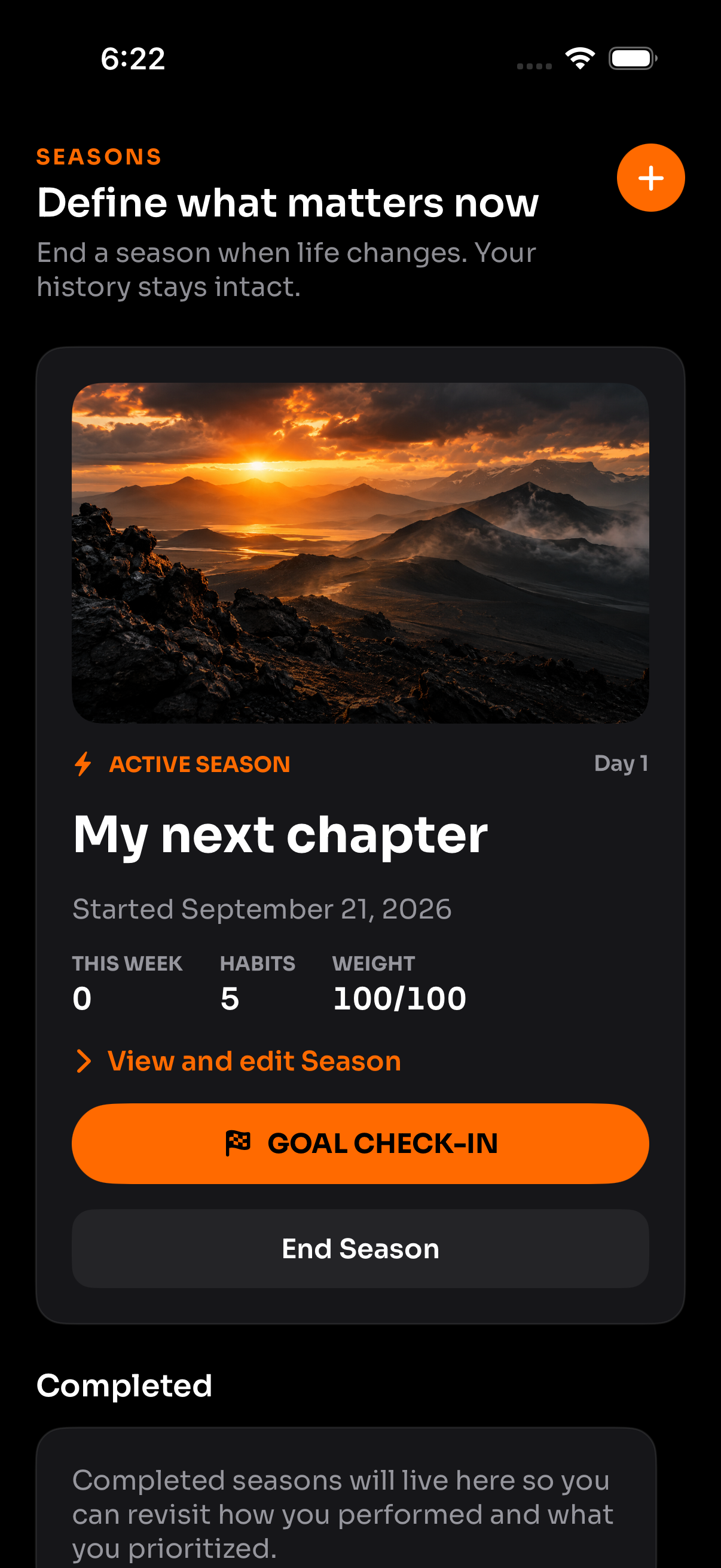 YUITION Seasons screen showing My next chapter, five habits, and a goal check-in